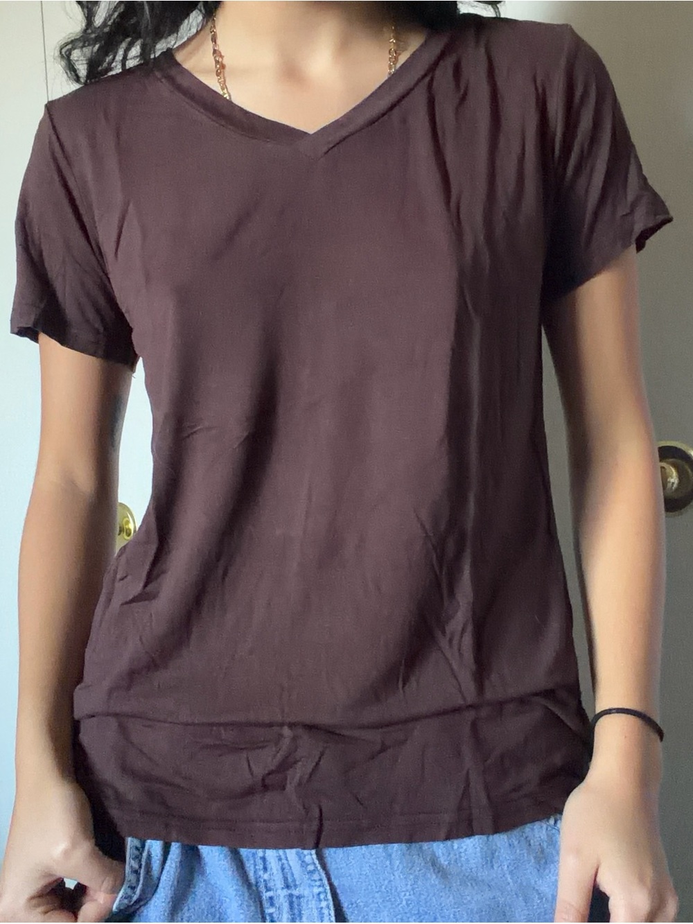Classic V-Neck Short Sleeve Top in Dark Brown
